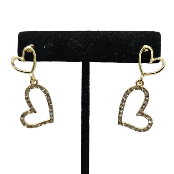 Double Heart Rhinestone Drop Earring Gold Tone S925 Post - Picture 7 of 14